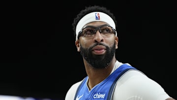 Oct 15, 2025; Las Vegas, Nevada, USA; Dallas Mavericks forward Anthony Davis (3) looks outward during the first half against the Los Angeles Lakers at T-Mobile Arena. Mandatory Credit: Lucas Peltier-Imagn Images