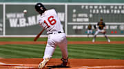Aug 31, 2025; Boston, Massachusetts, USA; Boston Red Sox left fielder Jarren Duran (16) hits a double against the Pittsburgh Pirates during the first inning at Fenway Park. Mandatory Credit: Eric Canha-Imagn Images