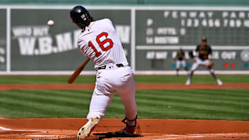 Aug 31, 2025; Boston, Massachusetts, USA; Boston Red Sox left fielder Jarren Duran (16) hits a double against the Pittsburgh Pirates during the first inning at Fenway Park. Mandatory Credit: Eric Canha-Imagn Images