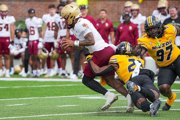 Boston College Eagles quarterback Thomas Castellanos (1) is sacked by Missouri Tigers linebacker Khalil Jacobs (29).