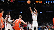 Mar 28, 2024; Boston, MA, USA; Iowa State Cyclones guard Tamin Lipsey (3) shoots the ball against the Illinois Fighting Illini in the semifinals of the East Regional of the 2024 NCAA Tournament at TD Garden. Mandatory Credit: Brian Fluharty-Imagn Images