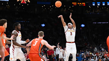 Mar 28, 2024; Boston, MA, USA; Iowa State Cyclones guard Tamin Lipsey (3) shoots the ball against the Illinois Fighting Illini in the semifinals of the East Regional of the 2024 NCAA Tournament at TD Garden. Mandatory Credit: Brian Fluharty-Imagn Images