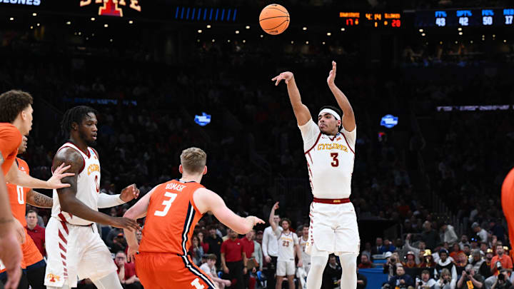 Mar 28, 2024; Boston, MA, USA; Iowa State Cyclones guard Tamin Lipsey (3) shoots the ball against the Illinois Fighting Illini in the semifinals of the East Regional of the 2024 NCAA Tournament at TD Garden. Mandatory Credit: Brian Fluharty-Imagn Images