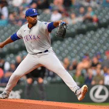 Sep 12, 2024; Seattle, Washington, USA; Texas Rangers starting pitcher Kumar Rocker (80) pitches to the Seattle Mariners during the first inning at T-Mobile Park. 