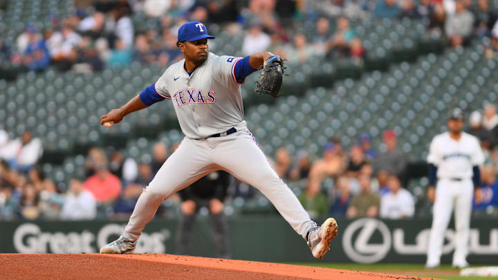 Sep 12, 2024; Seattle, Washington, USA; Texas Rangers starting pitcher Kumar Rocker (80) pitches to the Seattle Mariners during the first inning at T-Mobile Park. 