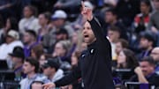 Jan 12, 2025; Salt Lake City, Utah, USA; Brooklyn Nets head coach Jordi Fernandez calls a play against the Utah Jazz during the fourth quarter at Delta Center. Mandatory Credit: Rob Gray-Imagn Images