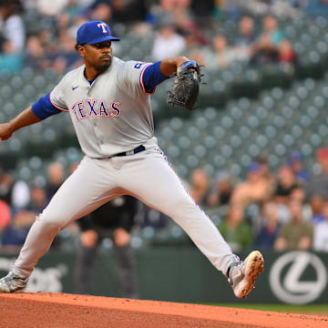 Sep 12, 2024; Seattle, Washington, USA; Texas Rangers starting pitcher Kumar Rocker (80) pitches to the Seattle Mariners during the first inning at T-Mobile Park. Mandatory Credit: Steven Bisig-Imagn Images