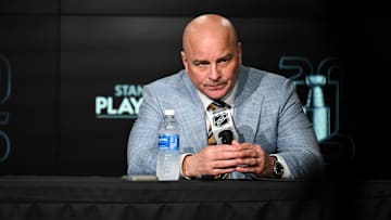 May 2, 2025; St. Louis, Missouri, USA; St. Louis Blues head coach Jim Montgomery speaks to the media following  game six of the first round of the 2025 Stanley Cup Playoffs against the Winnipeg Jets at Enterprise Center. Mandatory Credit: Connor Hamilton-Imagn Images