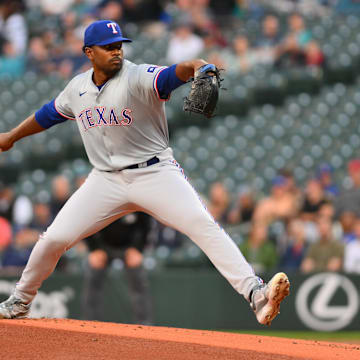 Texas Rangers starting pitcher Kumar Rocker throws during a game against the Seattle Mariners on Thursday at T-Mobile Park.