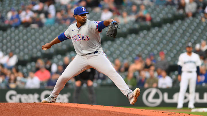 Texas Rangers starting pitcher Kumar Rocker throws during a game against the Seattle Mariners on Thursday at T-Mobile Park.