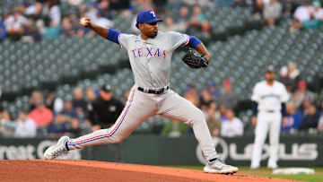 Sep 12, 2024; Seattle, Washington, USA; Texas Rangers starting pitcher Kumar Rocker (80) pitches to the Seattle Mariners during the first inning at T-Mobile Park. 