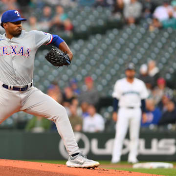 Sep 12, 2024; Seattle, Washington, USA; Texas Rangers starting pitcher Kumar Rocker (80) pitches to the Seattle Mariners during the first inning at T-Mobile Park. 