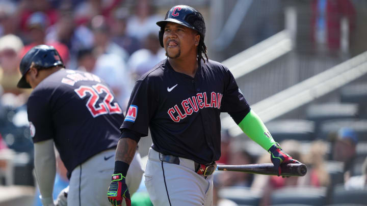 Aug 9, 2024; Minneapolis, Minnesota, USA; Cleveland Guardians designated hitter Jose Ramirez (11) looks on after striking out during the sixth inning against the Minnesota Twins at Target Field. Mandatory Credit: Jordan Johnson-USA TODAY Sports