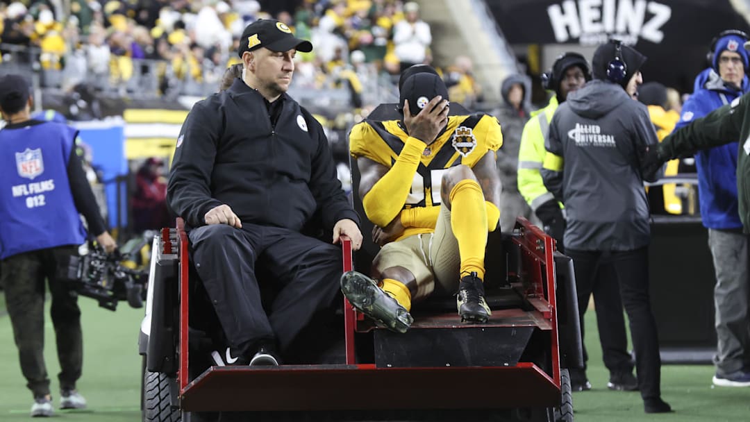 Oct 26, 2025; Pittsburgh, Pennsylvania, USA;  Pittsburgh Steelers safety DeShon Elliott (25) is carted off after a third quarter injury against the Green Bay Packers at Acrisure Stadium. Mandatory Credit: Charles LeClaire-Imagn Images
