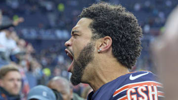 Chicago Bears quarterback Caleb Williams reacts with fans after the second half of an NFL International Series game.