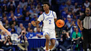 Nov 4, 2024; Lexington, Kentucky, USA; Kentucky Wildcats guard Jaxson Robinson (2) brings the ball up court during the second half against the Wright State Raiders at Rupp Arena at Central Bank Center. Mandatory Credit: Jordan Prather-Imagn Images