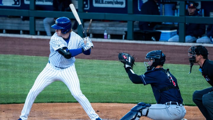 Iowa Cubs' Owen Caissie bats during a game against the Toledo Mud Hens at Principal Park on Tuesday, April 2, 2024, in Des Moines.