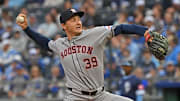 Apr 25, 2025; Kansas City, Missouri, USA;  Houston Astros starting pitcher Hayden Wesneski (39) throws a pitch in the first inning against the Kansas City Royals at Kauffman Stadium