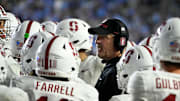 Nov 8, 2025; Chapel Hill, North Carolina, USA;  Stanford Cardinal head coach Frank Reich with his players in the third quarter at Kenan Stadium. Mandatory Credit: Bob Donnan-Imagn Images