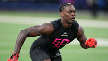 Feb 28, 2025; Indianapolis, IN, USA; Georgia defensive back Malaki Starks (DB50) participates in drills during the 2025 NFL Combine at Lucas Oil Stadium. Mandatory Credit: Kirby Lee-Imagn Images