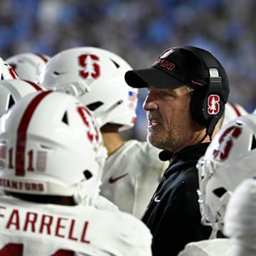 Nov 8, 2025; Chapel Hill, North Carolina, USA;  Stanford Cardinal head coach Frank Reich with his players in the third quarter at Kenan Stadium. Mandatory Credit: Bob Donnan-Imagn Images