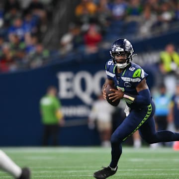 Aug 7, 2025; Seattle, Washington, USA; Seattle Seahawks quarterback Jalen Milroe (6) looks to pass the ball against the Las Vegas Raiders during the second half at Lumen Field. Mandatory Credit: Steven Bisig-Imagn Images