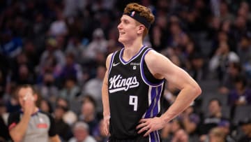 Feb 22, 2024; Sacramento, California, USA; Sacramento Kings guard Kevin Huerter (9) reacts to a call during the fourth quarter at Golden 1 Center. Mandatory Credit: Ed Szczepanski-USA TODAY Sports