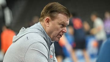 Mar 20, 2024; Omaha, NE, USA;  Illinois Fighting Illini head coach Brad Underwood watches the team during the NCAA first round practice session at CHI Health Center Omaha. Mandatory Credit: Steven Branscombe-USA TODAY Sports