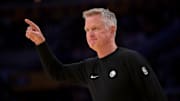 Oct 12, 2025; Los Angeles, California, USA;  Golden State Warriors Head Coach Steve Kerr during the first half against the Los Angeles Lakers at Crypto.com Arena. Mandatory Credit: Jayne Kamin-Oncea-Imagn Images