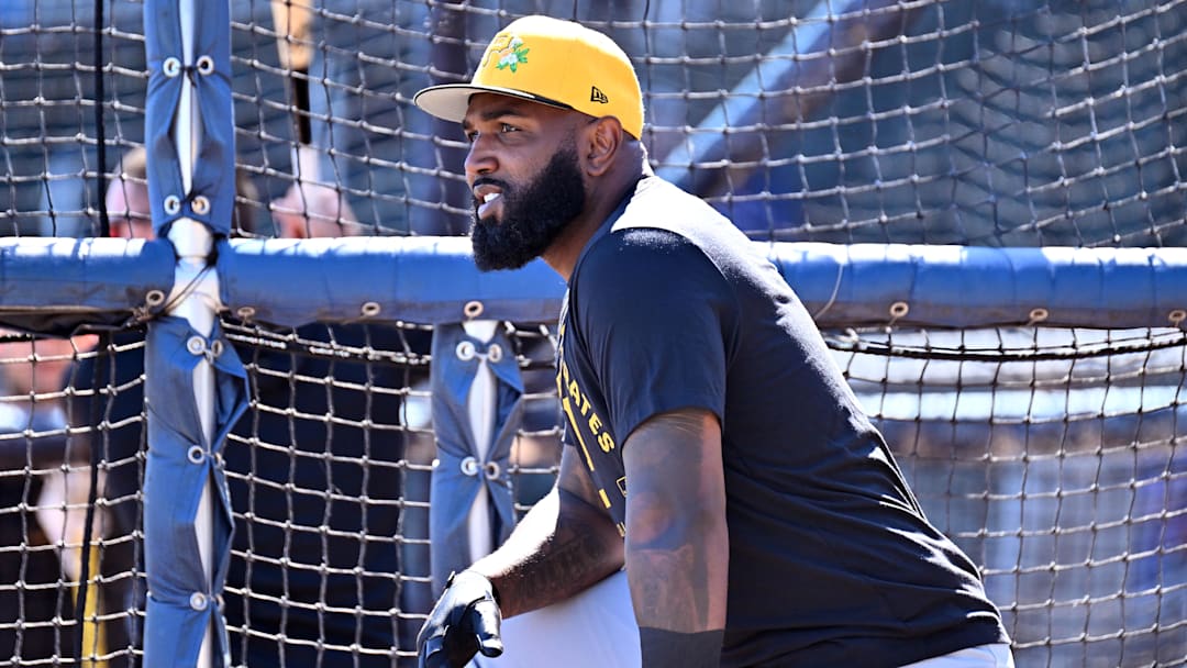 Feb 25, 2026; North Port, Florida, USA;  Pittsburgh Pirates designated hitter Marcell Ozuna (24) prepares to take batting practice before the start of the game against the Atlanta Braves  during spring training at CoolToday Park. Mandatory Credit: Jonathan Dyer-Imagn Images