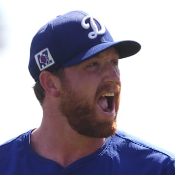 Los Angeles Dodgers pitcher Matt Sauer (64) reacts during the first inning against the San Francisco Giants at Camelback Ranch-Glendale on March 1.