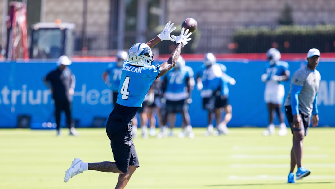 Jul 26, 2025; Charlotte, NC, USA; Carolina Panthers wide receiver Tetairoa McMillan (4) makes a catch during training camp. 