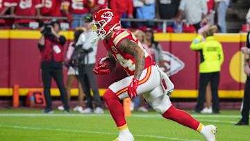 Oct 7, 2024; Kansas City, Missouri, USA; Kansas City Chiefs wide receiver Skyy Moore (24) returns a kick against the New Orleans Saints during the game at GEHA Field at Arrowhead Stadium. Mandatory Credit: Denny Medley-Imagn Images