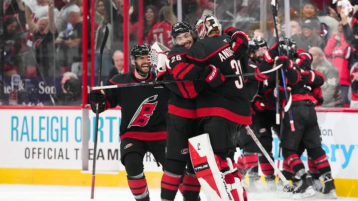 May 23, 2026; Raleigh, North Carolina, USA; The Carolina Hurricanes celebrate after an overtime goal against the Montréal Canadiens in game two of the Eastern Conferene Final of the 2026 Stanley Cup Playoffs at Lenovo Center. Mandatory Credit: James Guillory-Imagn Images