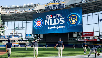 Milwaukee Brewers practice during an open workout ahead of the National League Division Series against the Chicago Cubs on Friday October 3, 2025 at American Family Field in Milwaukee, Wisconsin.