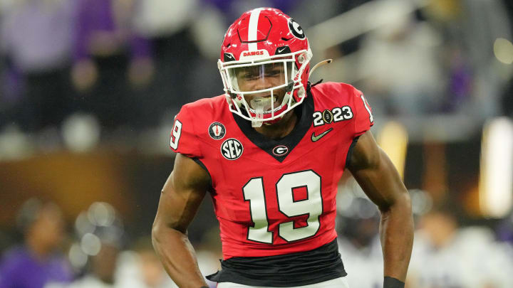 Jan 9, 2023; Inglewood, CA, USA; Georgia Bulldogs linebacker Darris Smith (19) reacts after a play against the TCU Horned Frogs during the second quarter of the CFP national championship game at SoFi Stadium. Mandatory Credit: Kirby Lee-USA TODAY Sports