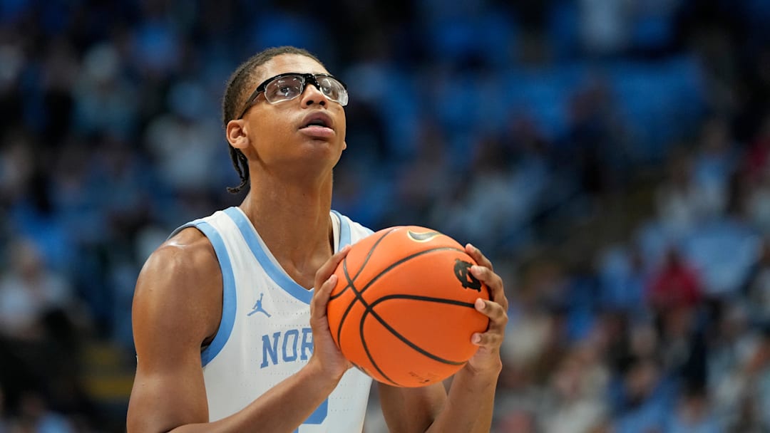 Feb 19, 2025; Chapel Hill, North Carolina, USA; North Carolina Tar Heels forward James Brown (2) at the free throw line in the second half at Dean E. Smith Center. Mandatory Credit: Bob Donnan-Imagn Images