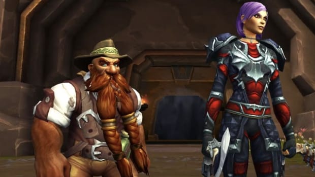 World of Warcraft: The War Within delves entrance with Brann Bronzebeard and a human rogue.