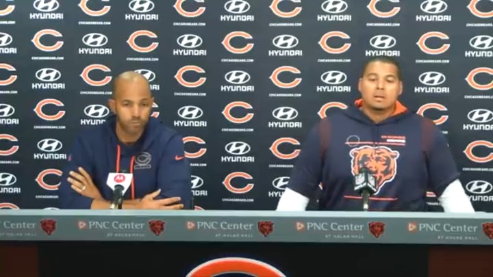 Bears assistant GM Ian Cunningham (left) and GM Ryan Poles address the media at draft time. 