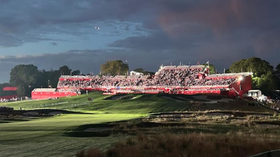 The first-tee grandstand view at the Ryder Cup from along the 18th fairway.