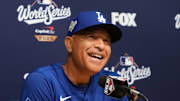 Oct 28, 2025; Los Angeles, California, USA; Los Angeles Dodgers manager Dave Roberts at press conference during game four of the 2025 MLB World Seriesagainst the Toronto Blue Jays  at Dodger Stadium. Mandatory Credit: Kirby Lee-Imagn Images