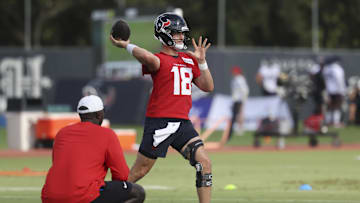 Jul 23, 2025; Houston, TX, USA;  Houston Texans quarterback Graham Mertz (18) during training camp at Houston Methodist Training Center. Mandatory Credit: Troy Taormina-Imagn Images