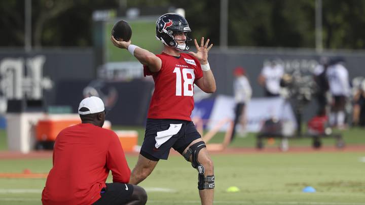 Jul 23, 2025; Houston, TX, USA;  Houston Texans quarterback Graham Mertz (18) during training camp at Houston Methodist Training Center. Mandatory Credit: Troy Taormina-Imagn Images