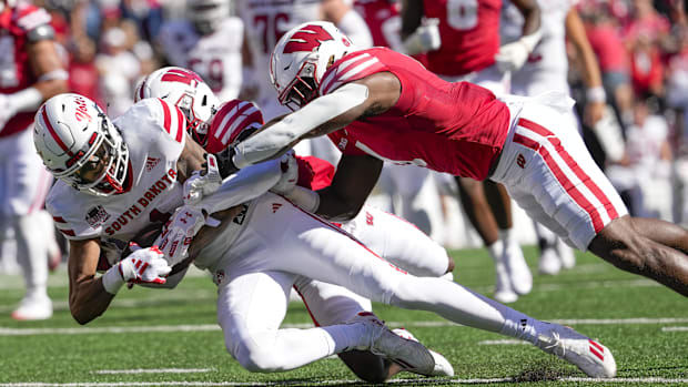 South Dakota Coyotes wide receiver Tristan Michaud (1) is tackled after catching a pass during the second quarter against the