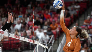 Texas' Madisen Skinner hits the ball against Texas Tech in a Big 12 volleyball match.