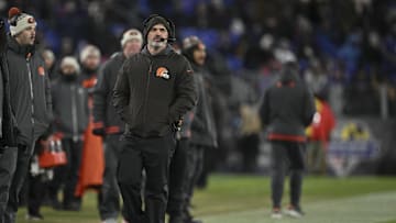 Jan 4, 2025; Baltimore, Maryland, USA;  Cleveland Browns head coach Kevin Stefanski walks the sidelines during the second half against the Baltimore Ravens at M&T Bank Stadium. Mandatory Credit: Tommy Gilligan-Imagn Images