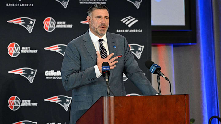 Jan 13, 2025; Foxborough, MA, USA; Mike Vrabel addresses media at a press conference to announce his hiring as the head coach of the New England Patriots at Gillette Stadium.