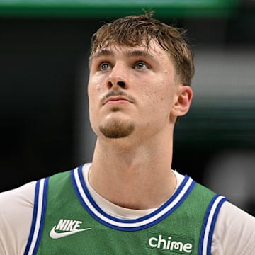 Oct 26, 2025; Dallas, Texas, USA; Dallas Mavericks forward Cooper Flagg (32) looks on during the second half against the Toronto Raptors at the American Airlines Center. Mandatory Credit: Jerome Miron-Imagn Images