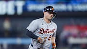 May 17, 2025; Toronto, Ontario, CAN; Detroit Tigers first base Spencer Torkelson (20) celebrates hitting a home run against the Toronto Blue Jays during the second inning in their MLB game at Rogers Centre. Mandatory Credit: Kevin Sousa-Imagn Images