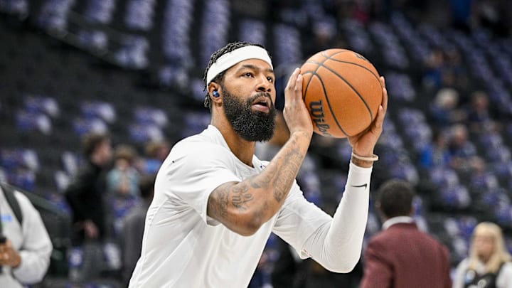 Nov 5, 2023; Dallas, Texas, USA; Dallas Mavericks forward Markieff Morris (88) warms up before the game between the Dallas Mavericks and the Charlotte Hornets at the American Airlines Center. Mandatory Credit: Jerome Miron-Imagn Images